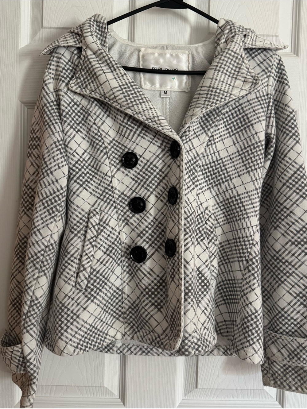 5/$30 Maurices Ivory and Gray Plaid Double-Breasted Peacoat